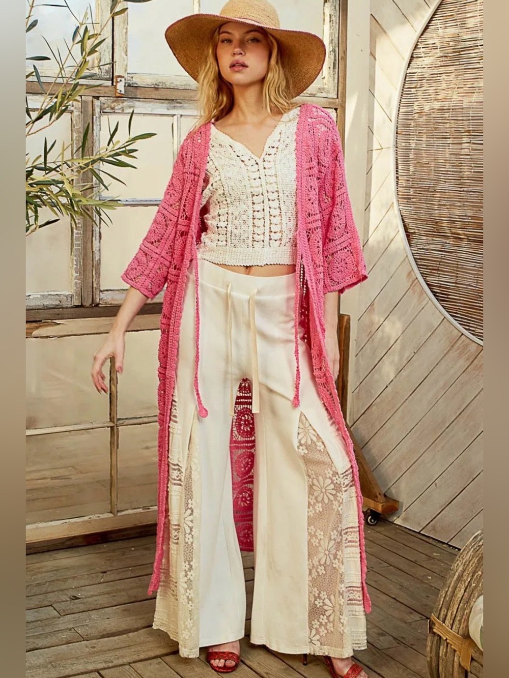 🩷O5 POL Pink Crochet Duster Cardigan